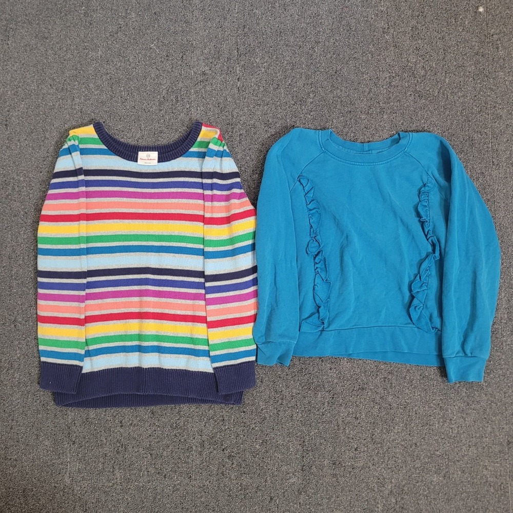 Hanna Andersson 140 US 10 Striped Sweater & Teal Ruffle Sweatshirt Girls 2pc Set